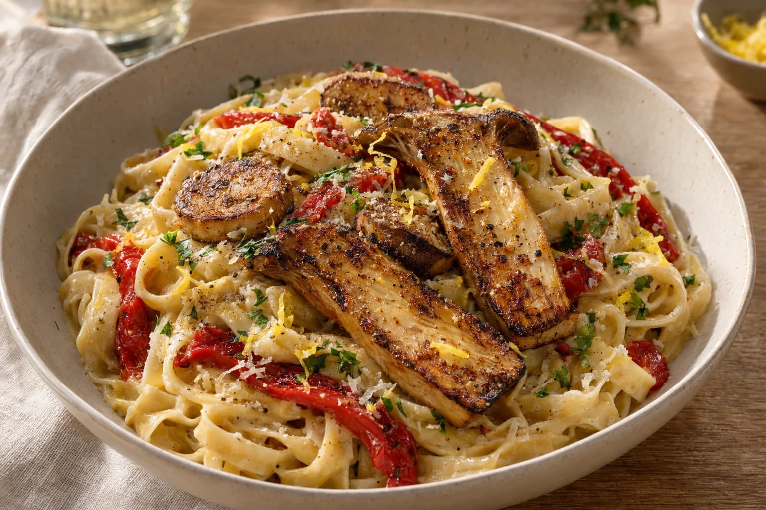 Garlic-parmesan fettuccine topped with blackened mushrooms, charred peppers and herbs
