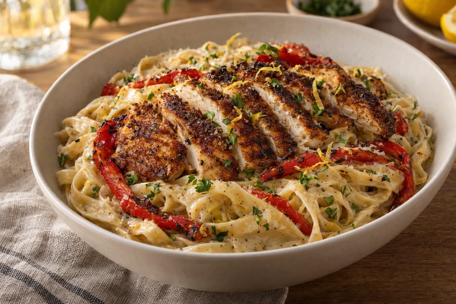 Garlic-parmesan fettuccine topped with sliced Cajun chicken, charred peppers and herbs