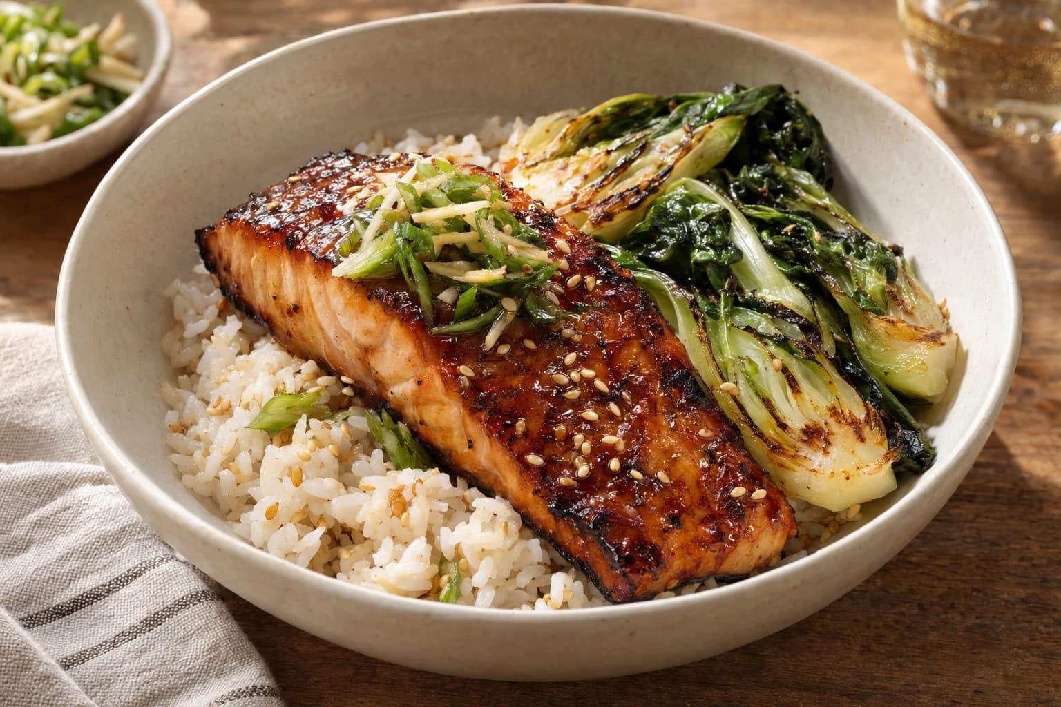 Miso-maple glazed salmon with sesame rice, charred bok choy and scallion-ginger relish