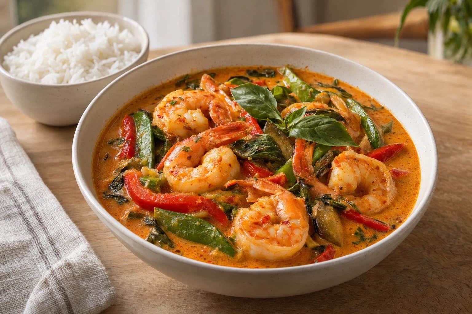Thai red coconut curry with seared shrimp, vegetables, fresh Thai basil and jasmine rice